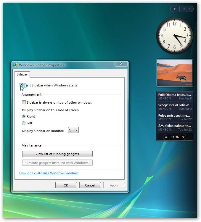 Turn On Windows Vista Gadgets