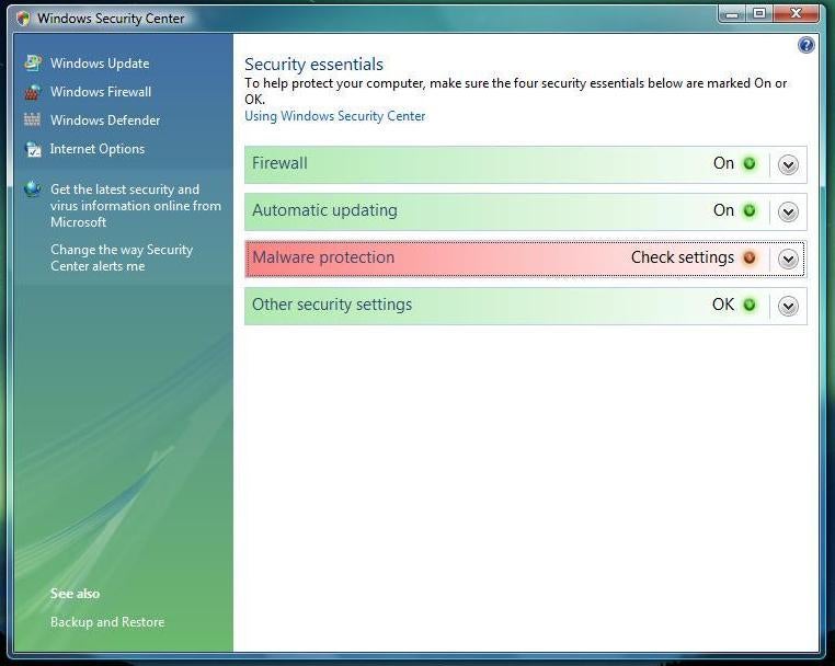 Enable Security Center Windows Vista