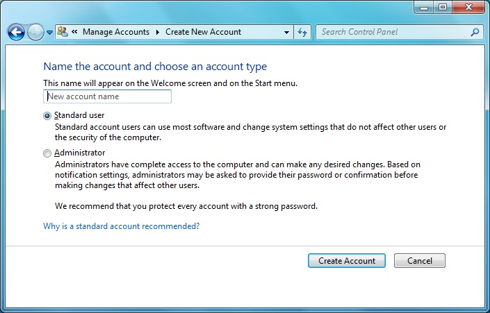 How To Create A New User Account In Windows Vista