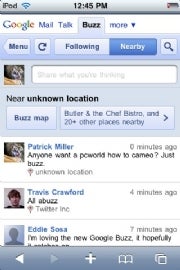 Google Buzz in the iPhone browser (click for full-size image).