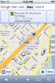 Google Maps Buzz layer in the iPhone browser (click for full-size image).
