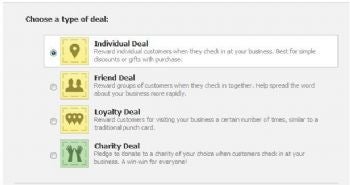 Learn the four types of Facebook Deals: Individual, Friend, Loyalty, and Charity.