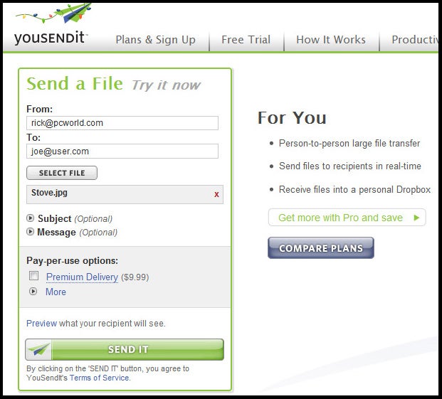 For example, YouSendIt lets you send files as large as 100MB via a Web interface, a desktop utility, or even an Outlook plug-in.