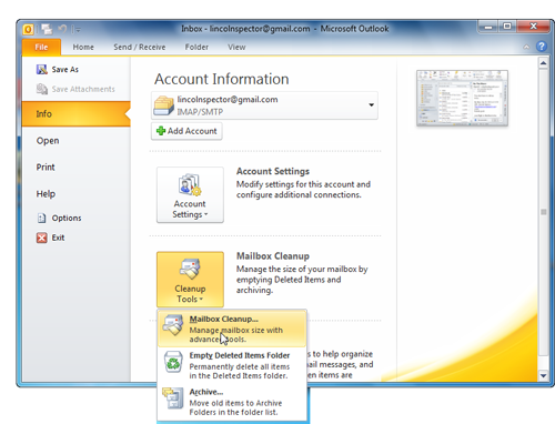 Outlook 2010 offers several options for slimming down your mailbox.