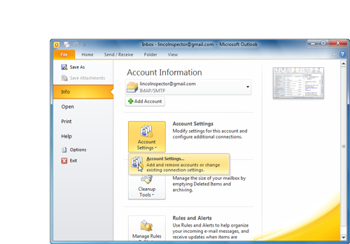 Getting to the Account Settings dialog box in Office 2010 requires you to click an Account Settings button, which pulls down a menu with only one option: Account Settings.