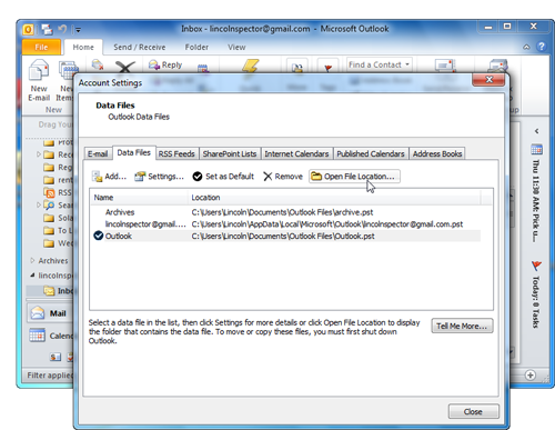 The Open File Location button (or Open Folder in Office 2007) will tell you where your Outlook data files are located.