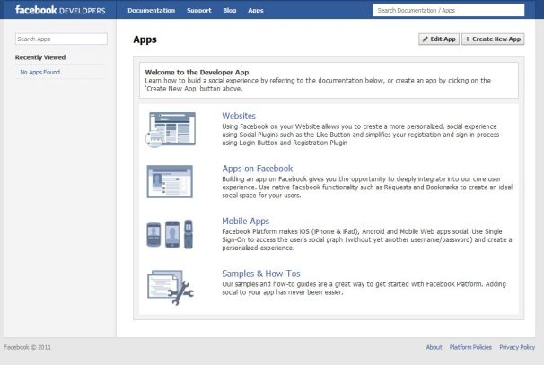Facebook's Developer App page