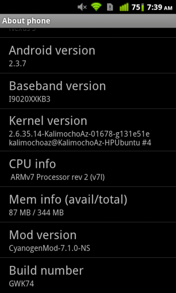 The typical CyanogenMod About Phone screen.