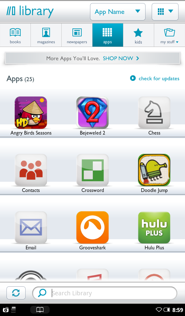 The Nook Tablet Apps library is accessible from within a single library option that's divvied up into books, magazines, newspapers, apps, and more.