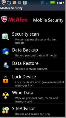 McAfee's Android app offers a malware scanner; you can also locate a lost or stolen device and lock it or wipe its data from any Web browser. 