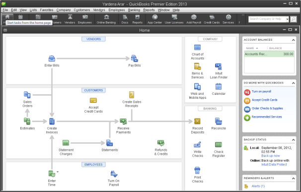 QuickBooks Premier 2013 Home screen with icon bar on top