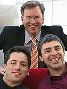 Clockwise from top: Eric Schmidt, Larry Page, and Sergey Brin