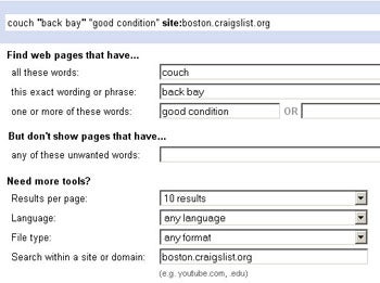 Using Google Advanced Search for Craigslist