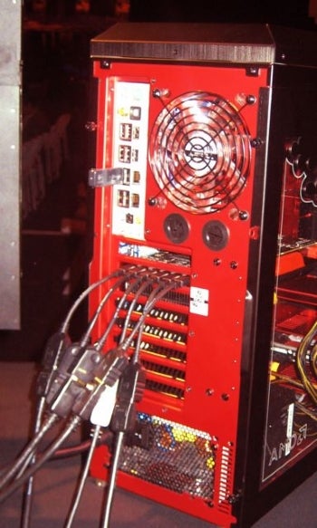 The rear of a Eyefinity-equipped PC driving six monitors via six DisplayPort connectors.