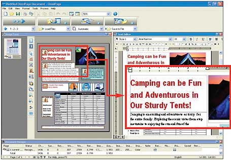 OmniPage Pro 15 analyzes scanned documents (left half of screen) to turn sections into editable text (right half of screen and callout box).