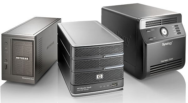 From left to right: Netgear's ReadyNAS Duo, HP's Media Vault mv2120, and Synology's Disk Station DS207+.