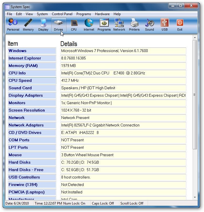 System spec. Утилитой SPECEXPLORER. System specifications