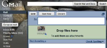 You can drag and drop files onto Gmail windows if using Chrome or Firefox. 