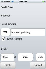 RoamPay's weak interface hides some interesting features. Tap V2T for voice-to-text transcription.