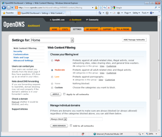 OpenDNS Dashboard and settings