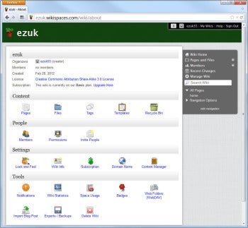 Wikispaces control panel screenshot