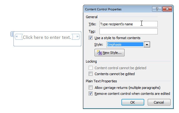 microsoft word plain text content control