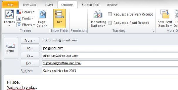 how to send mail in bcc in outlook 2010