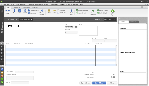 QuickBooks Premier 2013 invoice screen with ribbon and collapsed left nav bar.